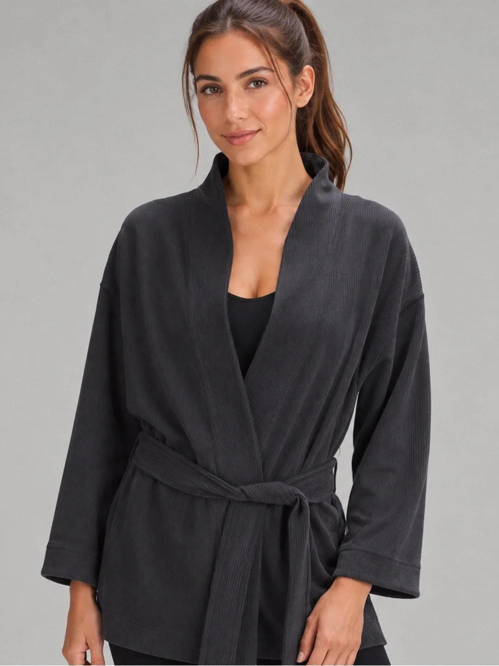 Lululemon Ribbed Softstreme Belted Wrap Jacket 8 Charcoal Gray Black W3GS7S